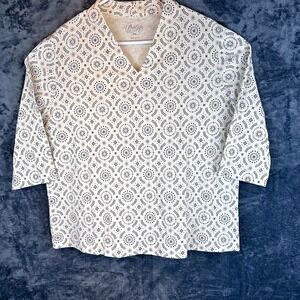 Ultra Softs Women's Regular L Beige Blue Geometric V-Neck 3/4 Sleeve Knit Top